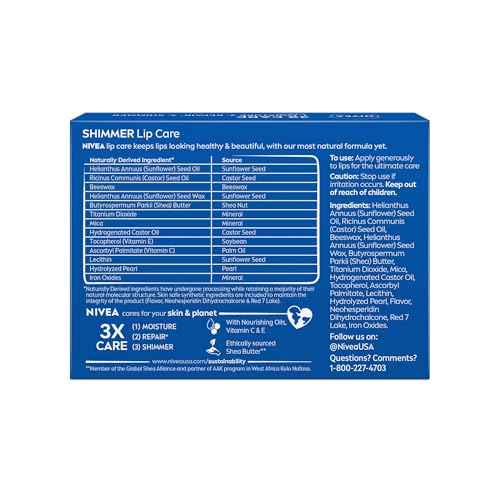 NIVEA Shimmer Lip Care, Shimmery Lip Balm Pack with Shea Butter, Nourishing Oils and Vitamin C & E, 3-in-1 Moisture, Repair and Shimmer, 0.17 Oz Stick, Pack of 4