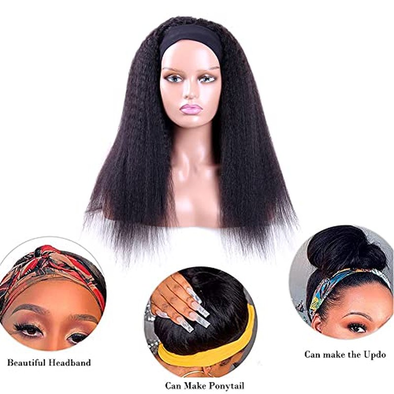 Headband Wigs Human Hair 180% Density 12A Kinky Straight Human Hair Headband Wigs For Black Women Yaki Straight Human with Headband Attached Half Wig Natural Black Color 20 Inch
