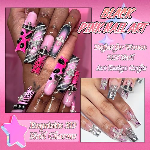 BELICEY 120Pcs 3D Nail Charms Pink Black Silver Bow Nail Charms Y2k Star Planet Cross Charms and Gems Pink Crystal Rhinestones Nail Jewelry for DIY Nail Art Design Crafts