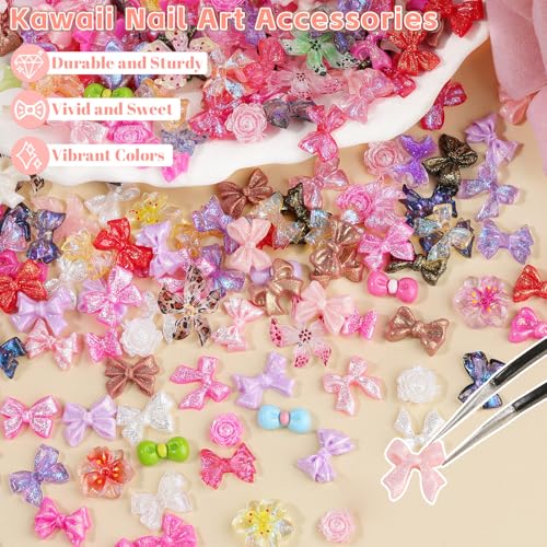 600 Pcs Bow Nail Charms Kit, 3D Mix Color Bowknot Nail Art Charms Soft Hibiscus Flower Nail Charms Flatback Pink White Butterfly Accessories for Nails Design with Tweezers for Women DIY Crafts