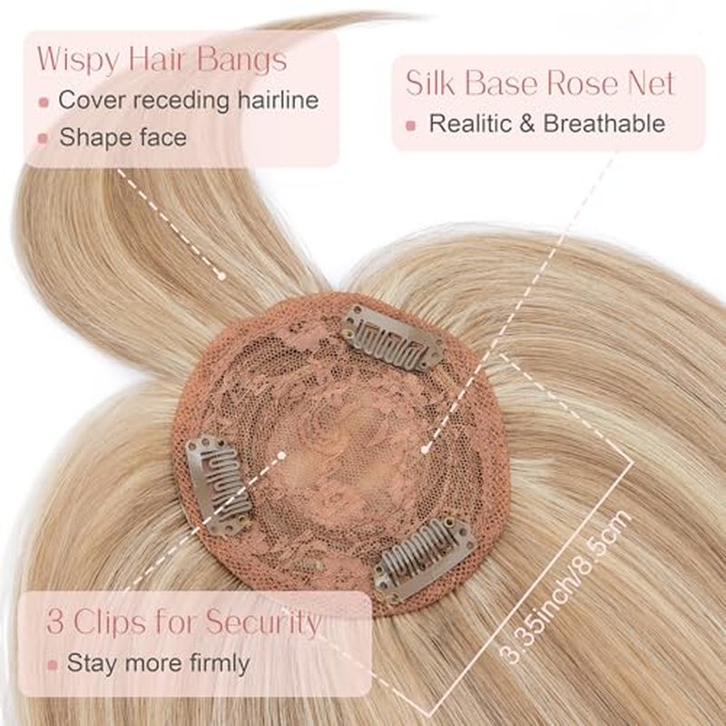 SEGO Hair Toppers for Women Real Human Hair with Bangs Mono Base 14 Inch Clip In Bangs Wiglets Topper Hairpieces for Women with Thinninghair -12P613 Golden Brown&Bleach Blonde