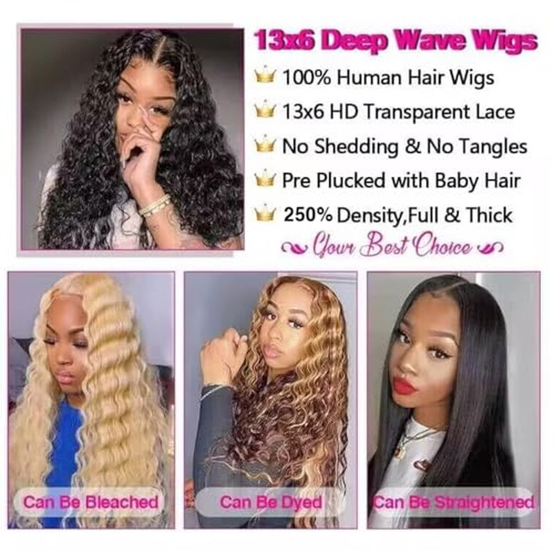 CHEETAHBEAUTY 18Inch Deep Wave Wigs 13X6 HD Transparent Lace Front Wigs Human Hair Brazilian Virgin Human Hair Wigs for Black Women Pre Plucked with Baby Hair Natural Color 250% Density