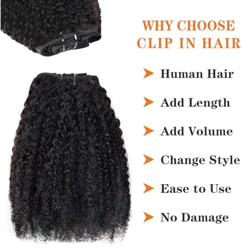 Afro Kinky Curly Clip in Human Hair 8pcs 240g/set 10A Brazilian Virgin Natural Hair Clip Ins Hair Extensions for Black Women Natural Black Color 20 Inch