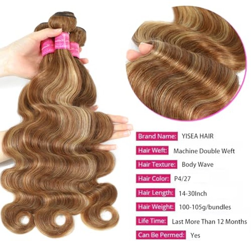 YISEA Ombre Highlight Body Wave Bundles Human Hair 12A Honey Blonde P4/27 Human Hair Body Wave 4 Bundles (18 20 22 inch) 100% Unprocessed Brazilian Virgin Hair Bouble Weft Natural Weave