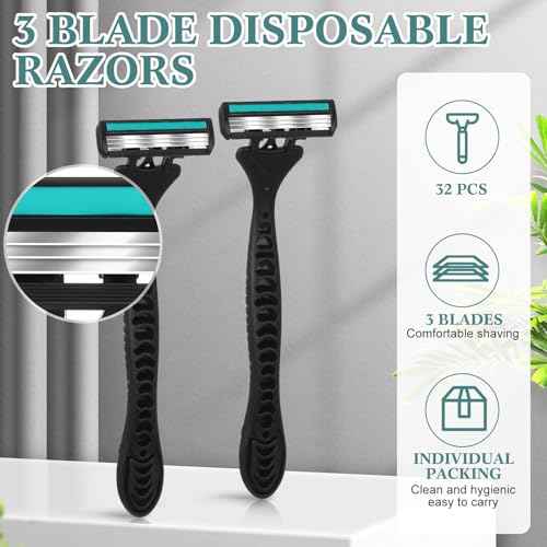 32 Pcs Men's Disposable Razors Bulk 3 Blade Shaving Razors for Sensitive Skin Comfortable Head Shave Christmas Gifts