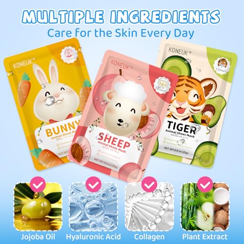 54 Pack Animal Kids Face Mask Spa, Bulk Collagen Hydrating Sheet Face Masks Skincare for Girls Teens, Christmas Gifts, Birthday Gifts, Stocking Stuffers for Women