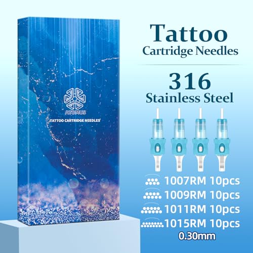 ATOMUS 40pcs Tattoo Cartridge Needles with 20pcs Ink Cups Size #10 RL RS RM Round Liner Silicone Wrapped Tattoo Needles for Tattoo Gun Pen Liner Pattern (7RM+9RM+11RM+15RM)