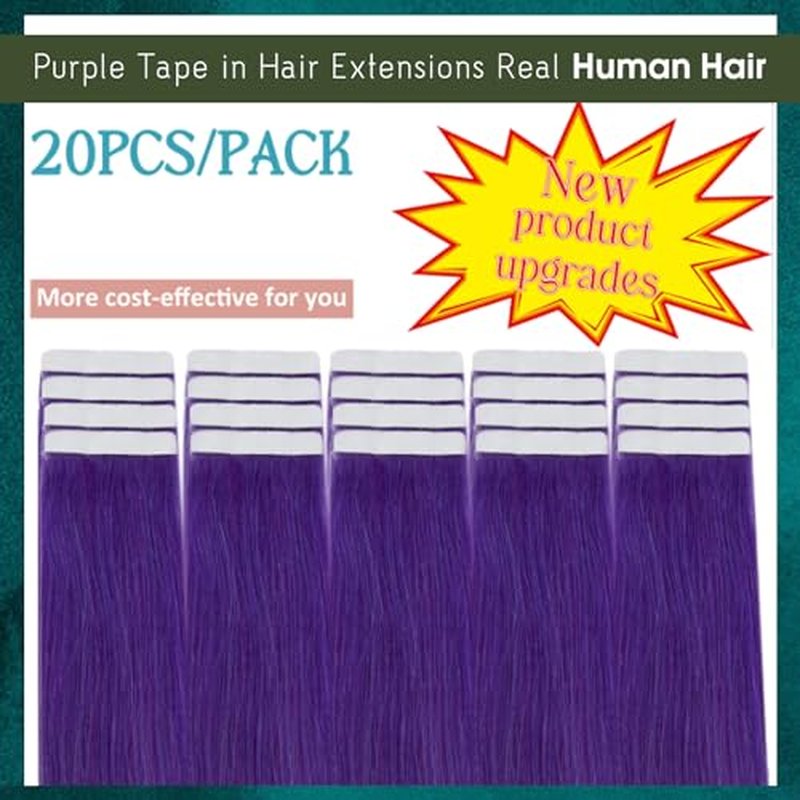 RUNATURE Purple Hair Extensions Real Human Hair, Tape in Hair Extensions, Easy to Apply, 22 Inch Seamless Tape in Colored Hair for Kids Highlight Party, Straight Remy Hair, 50g 20 pcs