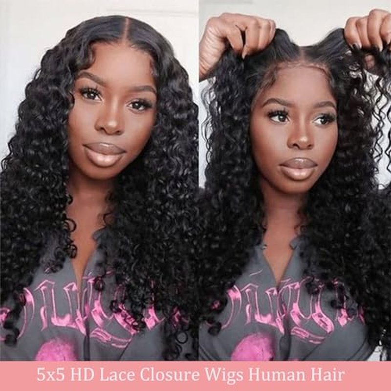 Deep Wave Curly 5x5 Hd Lace Closure Glueless wigs Human Hair Pre Plucked Pre Cut Wear and Go Lace Front Wigs for Black Women Human Hair (26 Inch)