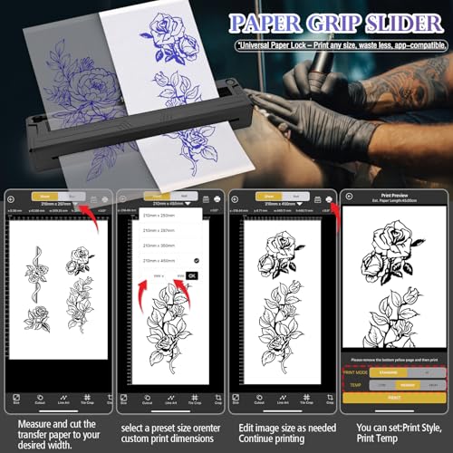 Wireless Tattoo Stencil Printer, Portable Bluetooth Thermal Tattoo Printer with App Custom-Size¡Â?A4, Print Realistic Portraits, 10 Transfer Papers Included, Works for Phone/Tablet/PC - Black