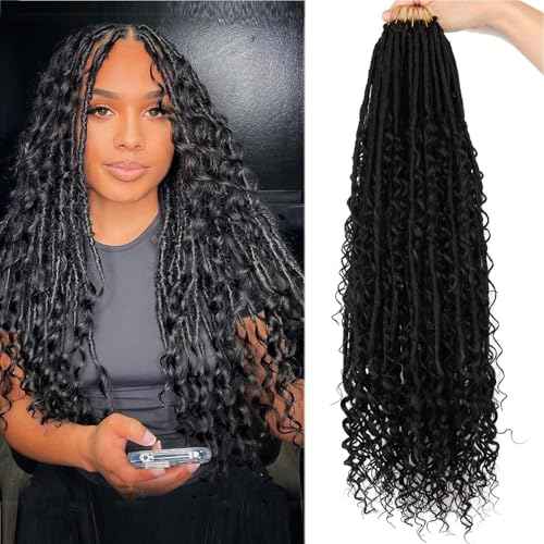 Goddess Locs Crochet Hair Pre-looped 24 Inch New Boho Faux Locs Crochet Hair with Curly Ends 8 Packs Bohemian River Locs Crochet Hair for Black Women 1B (1b, 24 Inch (Pack of 8))