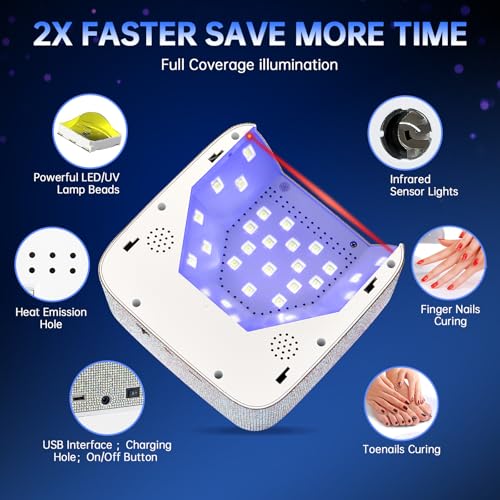 UV LED Nail Lamp 72W Rechargeable Sparkly Wireless Nail Dryer Gel Polish Light with 5 Timer Setting Professional Quick Dry Curing Lamp with Display Auto Sensor for Salon & Home