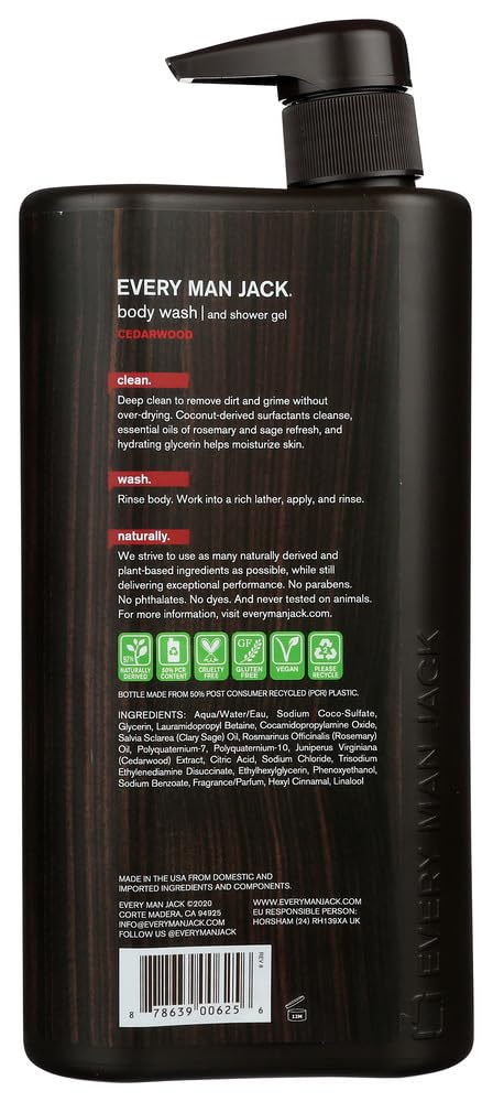 Every Man Jack Men's Body Wash - | 33-ounce Twin Pack - 2 Bottles Included | Naturally Derived, Parabens-free, Pthalate-free, Dye-free, and Certified Cruelty Free (Cedarwood)