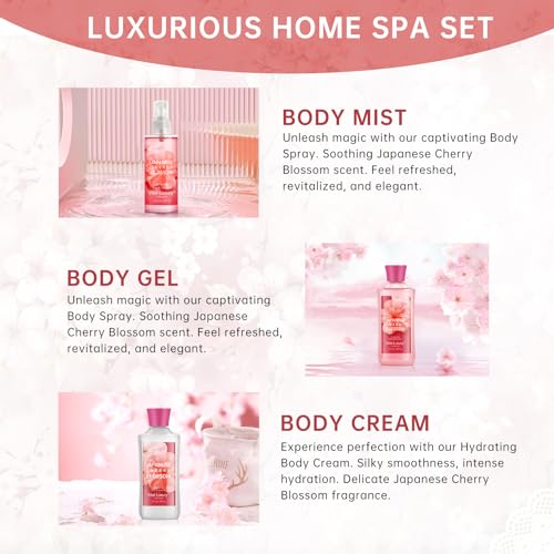 Bath and Body Gift Set for Women and Girls, Japanese Cherry Blossom Spa Set With Natural Extracts-Shower Gel, Body Lotion, Body Mist, Body Care Travel Set for Birthday Mother's Day Gifts