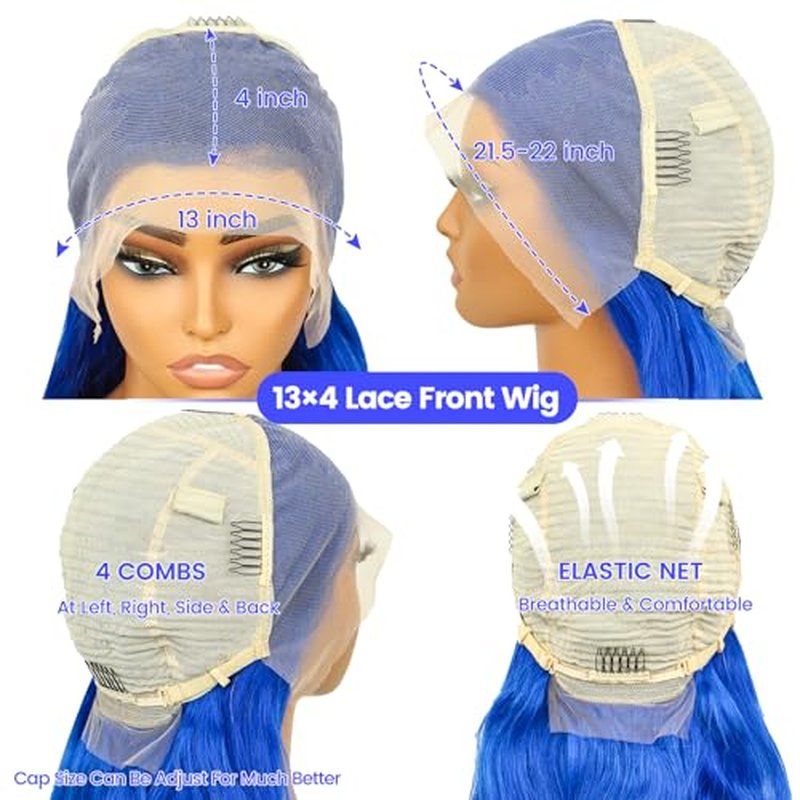 Blue Lace Front Wig - Human Hair, Body Wave, 13x4, 180% Density, Glueless Frontal Wig (26inch)
