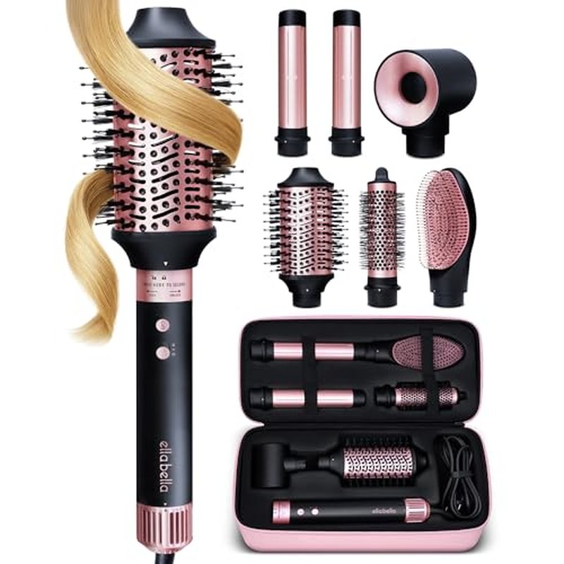 ELLA BELLA¢ç 6 in 1 Professional Hot Air Styler ? Powerful Hair Dryer & Straightener Set ? Styling Without Heat Damage ? Fast Drying Curling Volumizing Straightening ? Includes Protective Travel Case