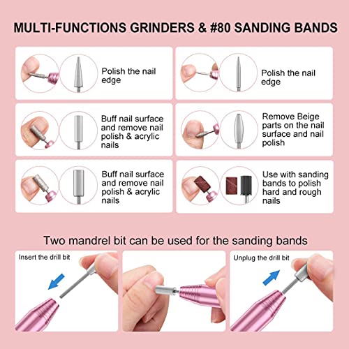 Electric Nail Drill,USB Electric Nail Drill Machine for Acrylic Nail Kit,Portable Electric Nail File Polishing Tool Manicure Pedicure Kit Efile Nail Supplies for Home Salon,Pink
