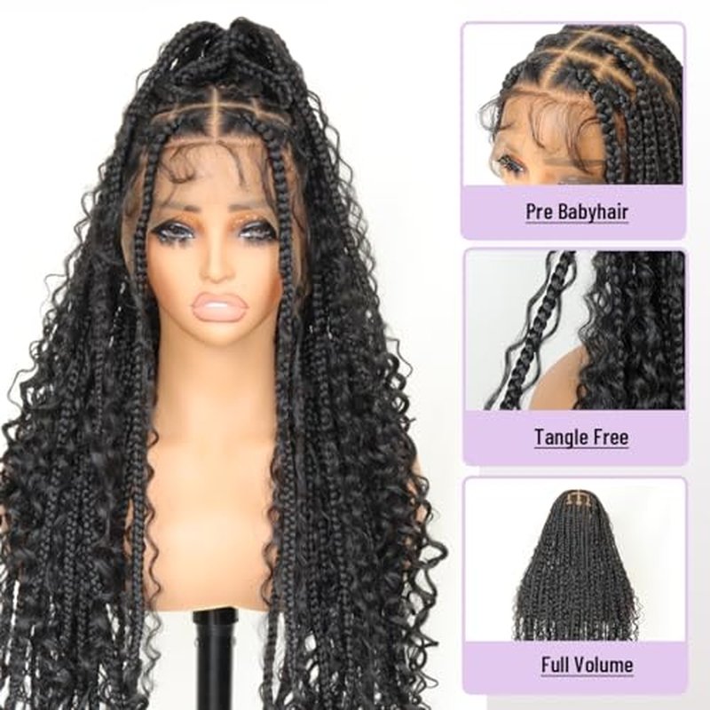 U&A 36Inch Premium Synthetic Braided Wig - Seamless Full Lace & Knotless Bohemian Braids with Bouncy Curly Ends
