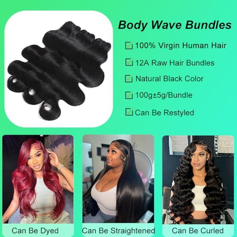 12A Human Hair Bundles 18 20 22 Inch Body Wave Bundles Human Hair 100% Unprocessed Brazilian Virgin Hair 3 Bundles Deals Human Hair Quick Weave Bundles Real Human Hair Extensions Natural Black