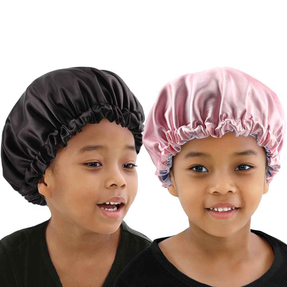 ELIHAIR 2pc Kids Satin Bonnet Sleeping Cap for Natural Hair Teens Toddler Child Baby Adjustable Satin Cap for Night Sleeping Reversible Double Layer(Black+ Pink/Purple)