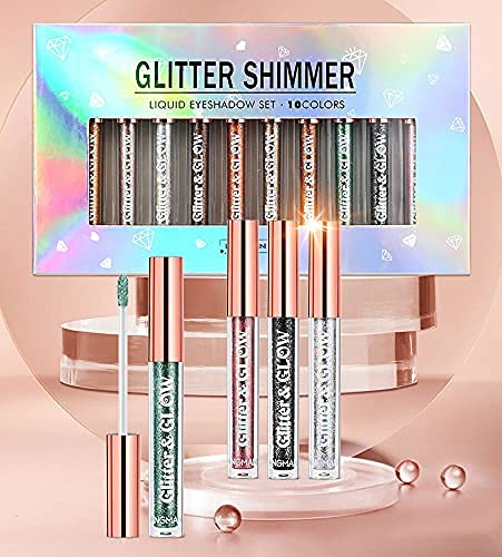 Liquid Glitter Eyeshadow & Matte Eyeliner Set - Rainbow Neon Colors | Waterproof & Smudgeproof Makeup Gift Kit for Women
