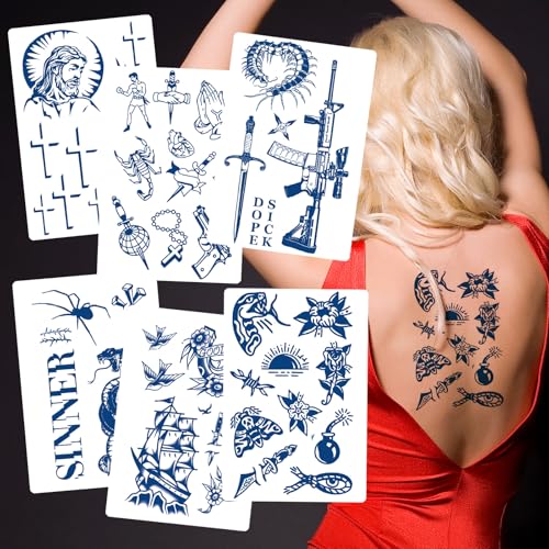 6-Pack Semi-Permanent Temporary Tattoos ? Realistic Gun, Snake & Cross Designs ? Edgy Fake Tattoos for Adults ? Waterproof, Vegan, Lasts 1-2 Weeks ? Plant-Based Ink