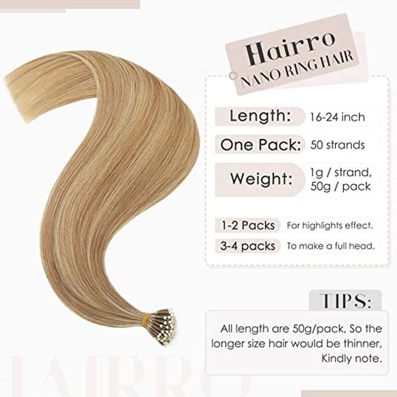 Hairro Bead Human Hair Extensions Microlink Nano Ring Cold Fushion Pre Bonded Keratin Nano tip Remy Hair For Women 24inch 50g/PACK 50 Strands #12P613 Golden Brown Highlight Bleach Blonde