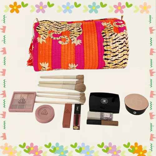 Rastogi Handicrafts Cosmetic Bags Set, 3 Piece Make Up Organizer Bag Storage Bags with Zipper Closure (3, Dark Pink, Design-7)