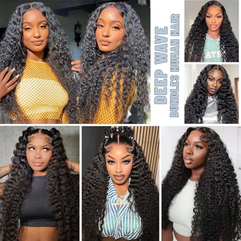 LICHANG 12A Deep Wave Bundles Human Hair 100% Unprocessed Brazilian Virgin Hair 3 Bundles Human Hair Curly Weave Real Hair Natural Black Color Bundles For Women 16 18 20 Inch