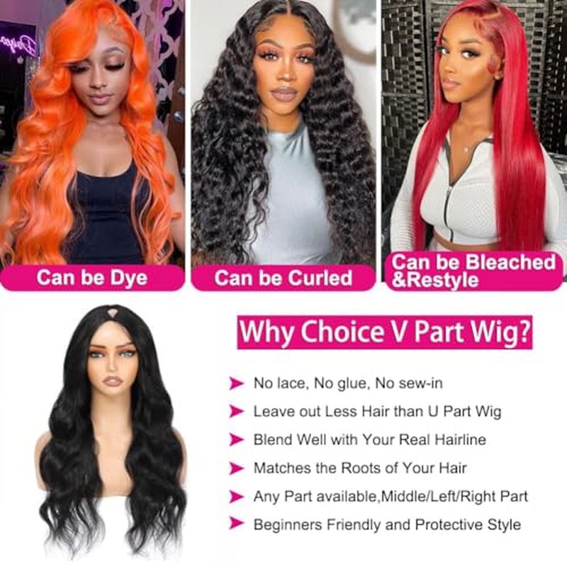 V Part Wig Human Hair Body Wave Upgrade U Part Human Hair Wig With Clips Glueless Wigs Human Hair Beginner Friendly 28 Inch V Shape Clip In Half Wigs for Women No Leave Out 180% Density