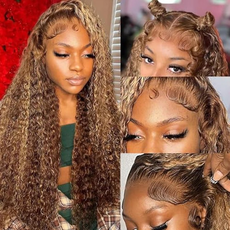 Honey Blonde Ombre Lace Front Wigs Human Hair Pre Plucked 13x6 HD Transparent 4/27 Highlight Deep Wave Wig 200% Density 26 Inch Omer Deep Wave Lace Front Wig with Baby Hair