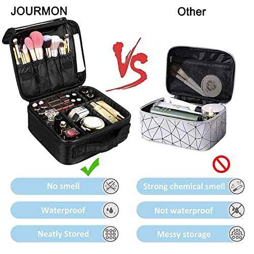 JOURMON Travel Makeup Bag, Large Capacity Cosmetic Train Case for Women Portable Pouch Open Flat Artist Brushes Toiletry Jewelry Digital Organizer Storage Bag with Adjustable Dividers (Black,S)