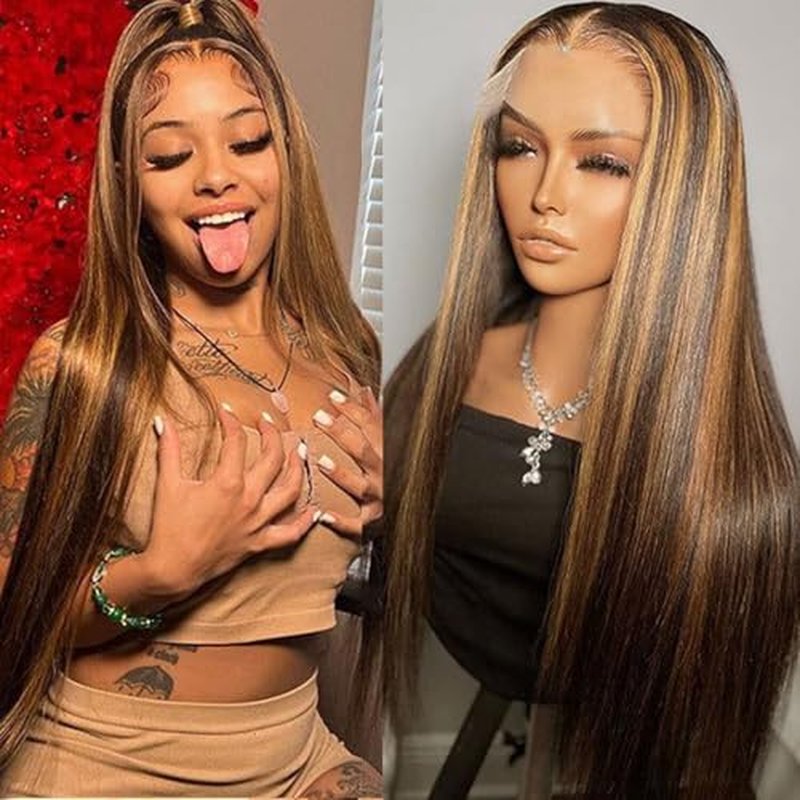 Lemoda Outlet Deal 12A 26Inch Highlight Straight Human Hair Lace Front Wigs 13x4 Ombre 4/27 Lace Frontal Wig 180 Density Virgin Human Hair Wigs Pre Plucked