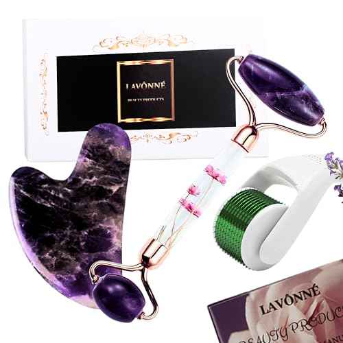 100% Authentic Amethyst Jade Roller and Gua Sha Set for face I Micro Needle I Facial Tools I Purple Guasha I Premium Quality I Mother's Day Gift. (4 PCS, Purple)