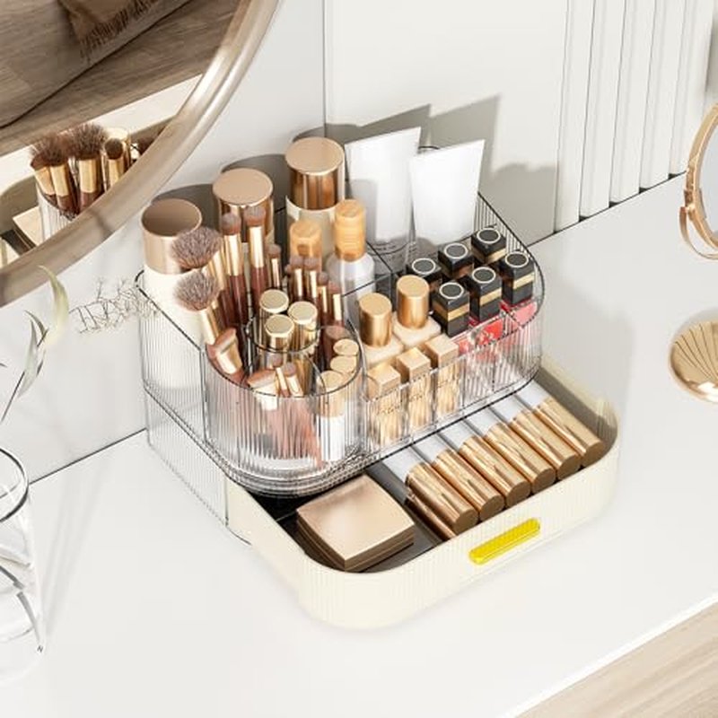 Delamu Makeup Organizer for Vanity with Stackable Drawers, 360 Rotating Makeup Brush Holder Large Cosmetic Display Case, Bathroom Skincare Storage, Elegant White, Ideal Christmas Gifts for Girls