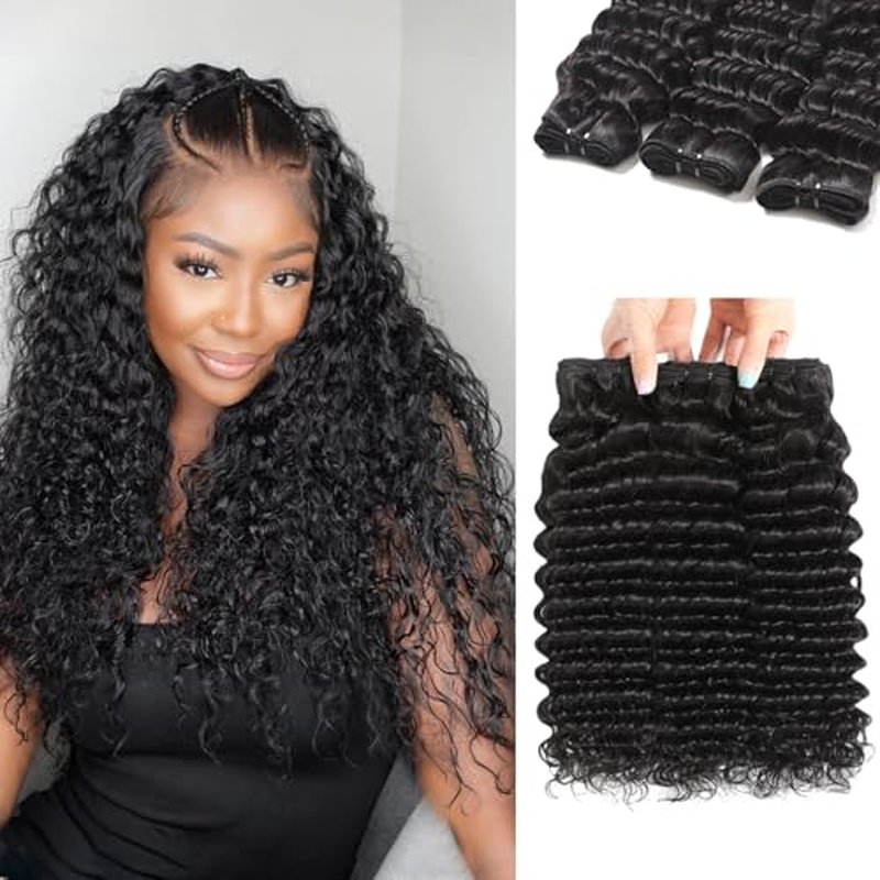 12A Deep Wave Bundles 18 20 22 Inch Deep Wave Human Hair Bundles 100% Unprocessed Brazilian Virgin Wet and Wavy Human Hair 3 Bundles Quick Weave Bundles for Women