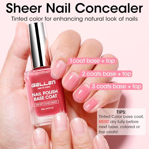 GELLEN 4?in?1 Clear Nail Polish Base Coat Sheer Tinted Red, Ridge Filler, Nail Strengthener & Concealer, Calcium Formula Strengthen Nails, Natural Color Enhance Natural Look, HEMA Free, Anti Yellow