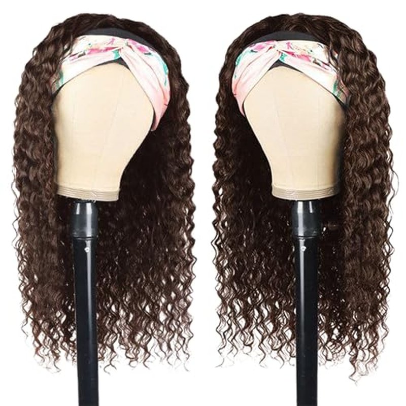 Aiterina Headband Wig Human Hair Headband Wig Deep Wave Human Hair Wigs for Black Women Glueless Human Hair Wigs Machine Made 150% Density No Lace Deep Headband Wig Chocolate Brown 24 inch