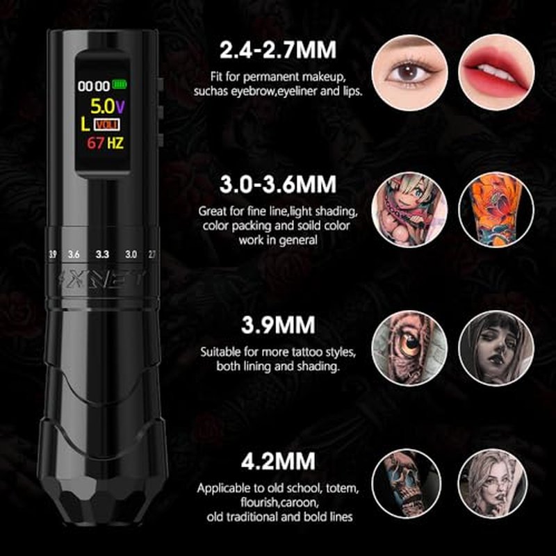 Tattoo Gun Kit, Xnet Void Cordless Tattoo Machine, Rotary Pen Machine 7 Adjustable Strokes with 1800mAh Dual Battery, 20pcs X-ray Mixed Sizes Cartridge Needles for Tattoo Artists