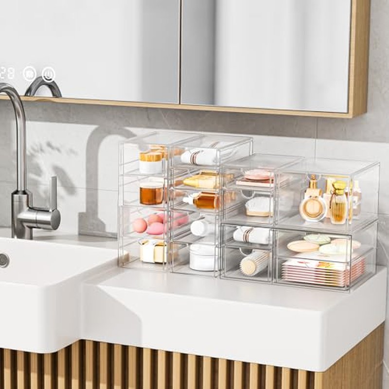 Acrylic Makeup Organizer with 17 Drawers, 4 Pack Clear Bathroom Counter Organizer for Palettes, Cosmetic, and Beauty Supplies,Ideal for Vanity, Cabinet,Desk Organization
