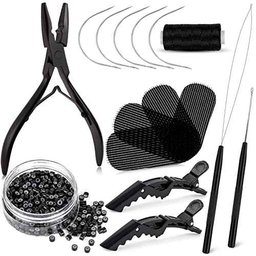 NEWISHTOOL Hair Extension Tool Kit - Silicone Micro Beads, Stainless Steel Beads Plier, Metal Bead Threader and Needle Pulling Hook for Beading Hair Extensions, Girls Cosplay Party Hair Styling Tool