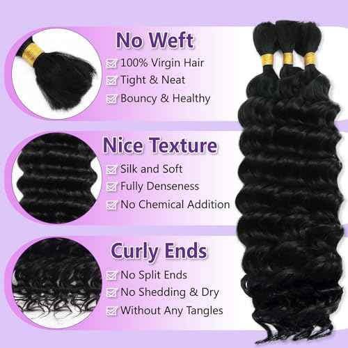 Deep Wave Bulk Human Braiding Hair for Boho Braids Water Wave 100% Human Hair for Boho Braiding Hair Crochet Wavy Curly Hair Extensions Bohemian Micro Braiding 3 Bundles 110g Natural Color 12 Inch