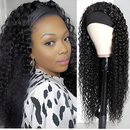 Curly Headband Wig Human Hair 18Inch Human Hair Headband Wig Glueless Wear and Go Human Hair Scarf None Lace Front Wigs 150% Density Natural Color