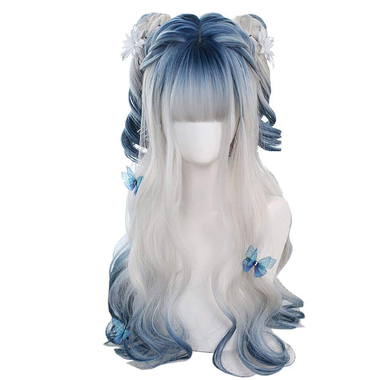 osseoca Irregular Coloring Body Wave Synthetic Long Hair Wig Blue Gradient White Gradient Blue Lolita Beauty Japanese Women Cosplay Wig