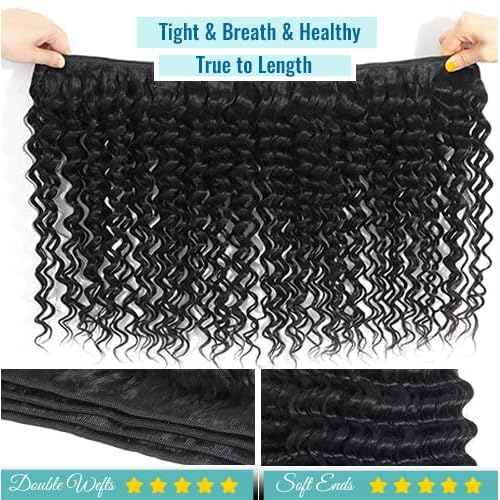 12A Deep Wave Bundles Human Hair 100% Unprocessed Brazilian Virgin Deep Curly Human Hair Weave 3 Bundles Wet And Wavy Real Hair Extensions for Women Natural Black (20 22 24 Inch)