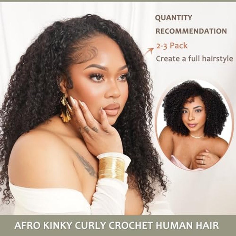 Beauty Youth Afro Kinky Curly Human Crochet Hair - Knotless Pre-Separated Feather-Light Crochet Human Hair Extensions For Braids - 110g/Pack