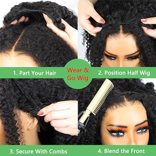 ZIYU Half Wig Human Hair - 200% Density Wear Go Glueless Wigs Human Hair 12 Inch Kinky Curly 3 In 1 Half Wig for Women Drawstring Seamless Flip Over Headband Wig Beginner Friendly
