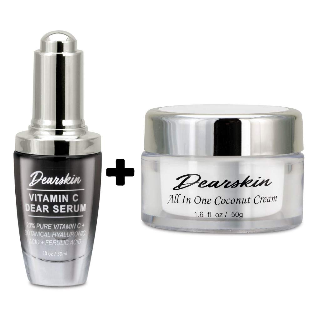 Vitamin C Dear Serum + All In One Coconut Cream seT- Pack with Vitamin C Serum 20%, Hyaluronic Acid Botanic, Vitamin E Organic and Coconut Oil Cream Day and Night (Serum + Cream)
