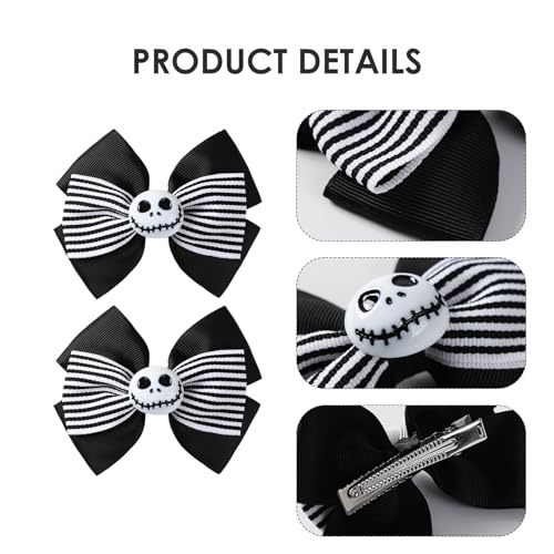 2Pcs Ghost Skull Hair Bows Black White Striped Ribbon Hair Clip Christmas Halloween Accessories Party Decorations