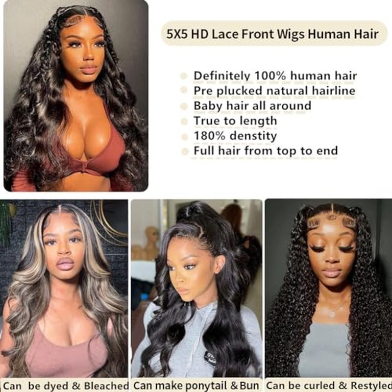 5x5 Hd Lace Closure Wigs Human Hair Pre Cut Lace Glueless Wig Wear and Go Wigs Human Hair Pre Plucked 180 Density Body Wave Lace Front Wigs Human Hair Glueless for Women Natural Hairline